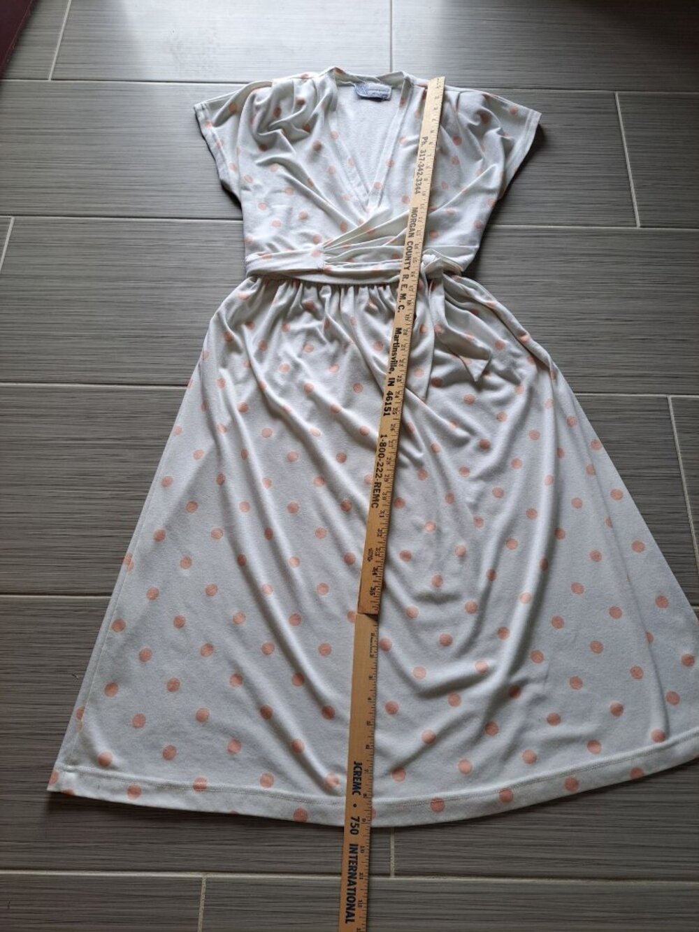 Vintage Polka Dot Wrap Dress Size 12  Accentuette USA Cotton Peach Cream Cottage - Picture 12 of 13